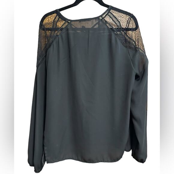 Long Sleeve Blouse Black Sheer with Lace Neckline and Shoulders Size Medium - Picture 2 of 2